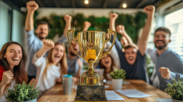 Office team celebrating together after winning their WK pool