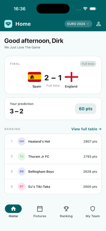 The Koppa app showing a finished match, your prediction and the league ranking
